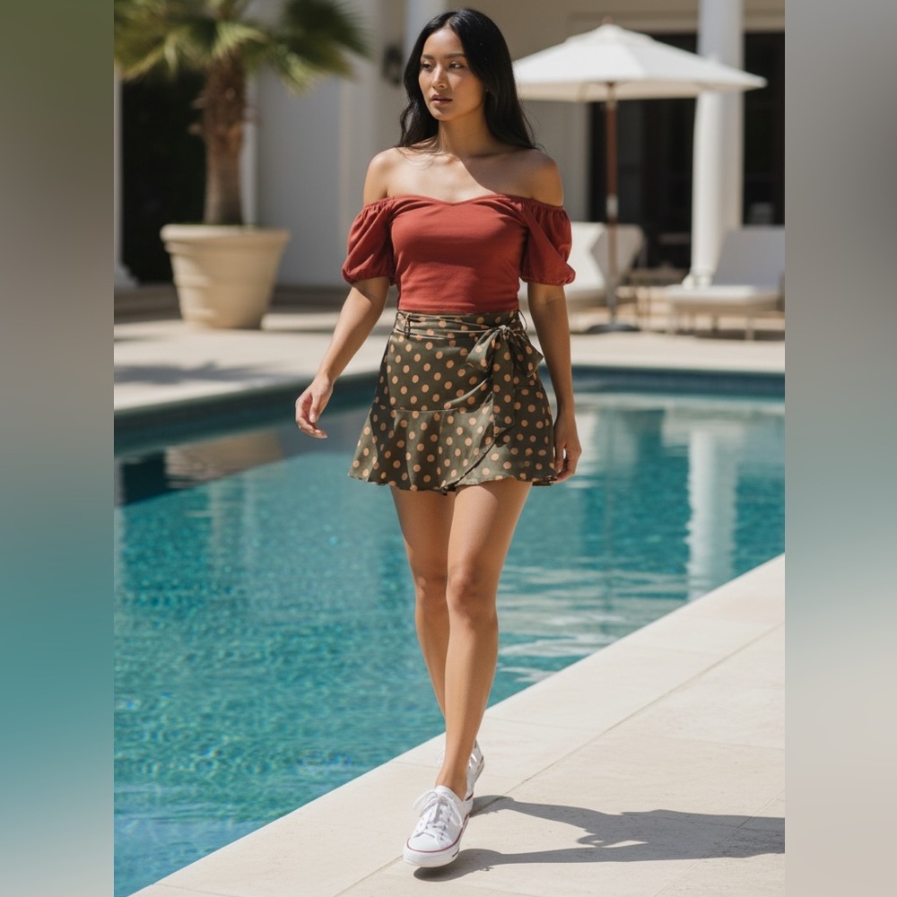 Zara Olive and Orange Polka Dot Mini Skort